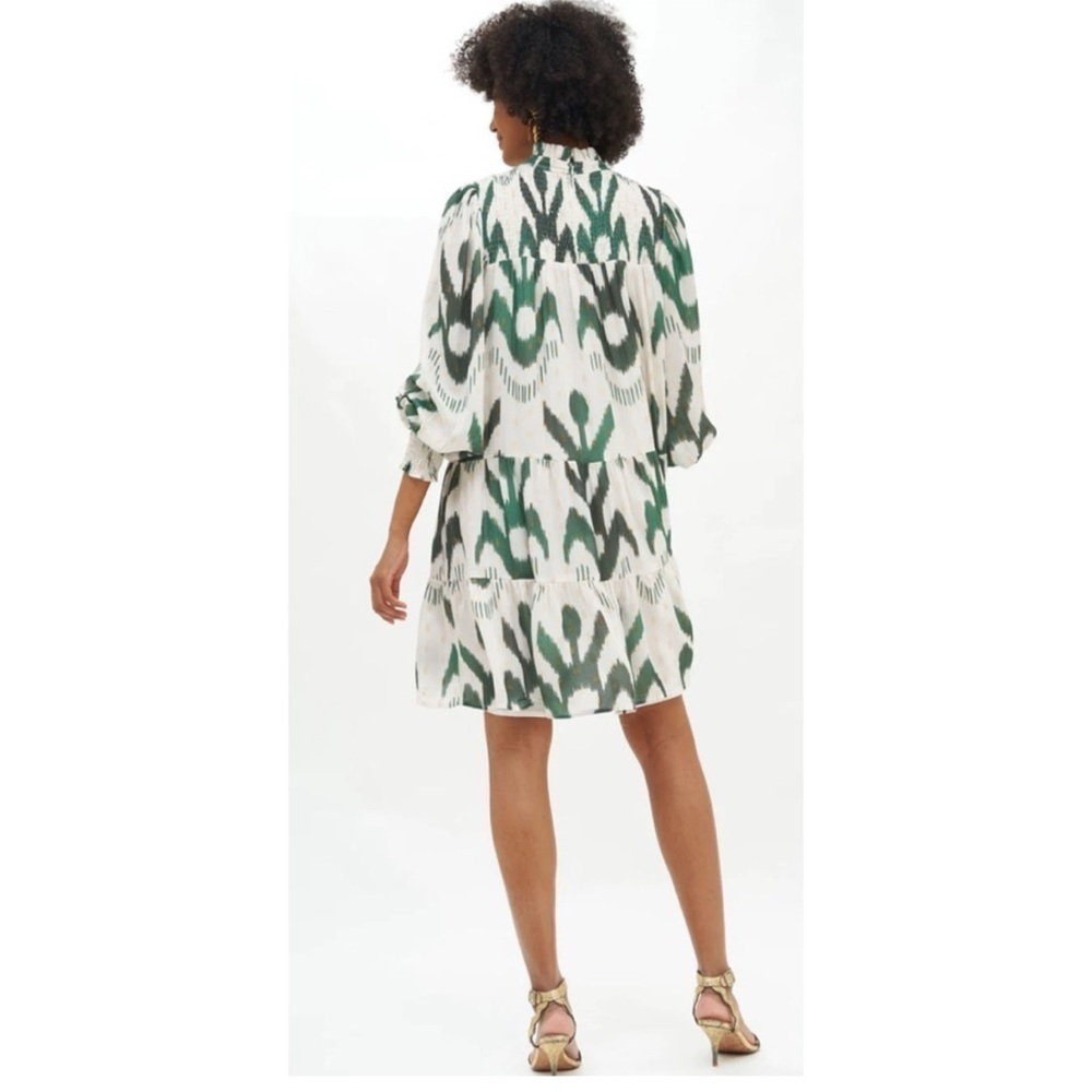 Oliphant Smocked Neck Mini Dress in Chitka Forest Green Cream Balloon Sleeve - Picture 2 of 12